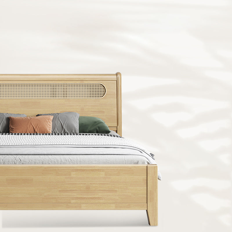 Rectangular Natural Standard Bed Solid Wood and Rattan Panel Bed Rubberwood Clearhalo 'Bedroom Furniture' 'Beds' 'furn' 'furn_beds' 'Furniture' 6315710