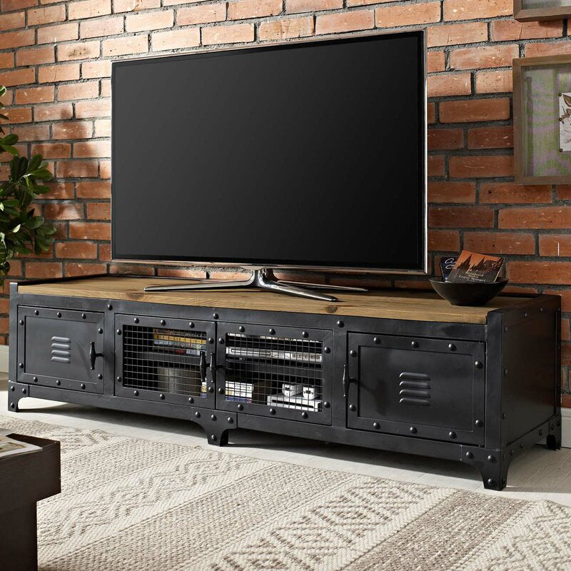 American Retro Industrial Style TV Cabinet Iron Art Solid Wood Bedroom TV Stand 94.5"L x 16"W x 18"H Matte Black Clearhalo 'furn' 'furn_tv_stands_entertainment_centers' 'Furniture' 'Living Room Furniture' 'TV Stands & Entertainment Centers' 'TV Stands & Media Storage Furniture' 'tv_stands_entertainment_centers' 6316611