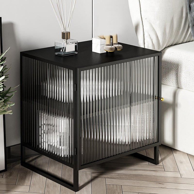 Glass and Metal Bedside Cabinet Modern Minimalist Bedside Table with Legs Black 1 Piece Clearhalo 'Bedroom Furniture' 'furn' 'furn_night_stand' 'Furniture' 'night_stand' 'Nightstands' 6318635