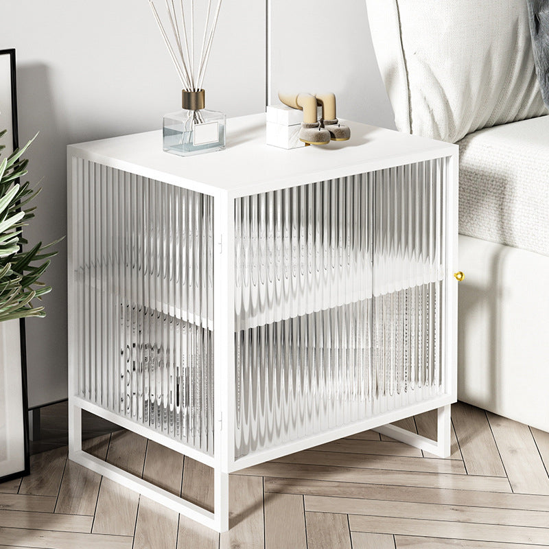 Glass and Metal Bedside Cabinet Modern Minimalist Bedside Table with Legs White 1 Piece Clearhalo 'Bedroom Furniture' 'furn' 'furn_night_stand' 'Furniture' 'night_stand' 'Nightstands' 6318637