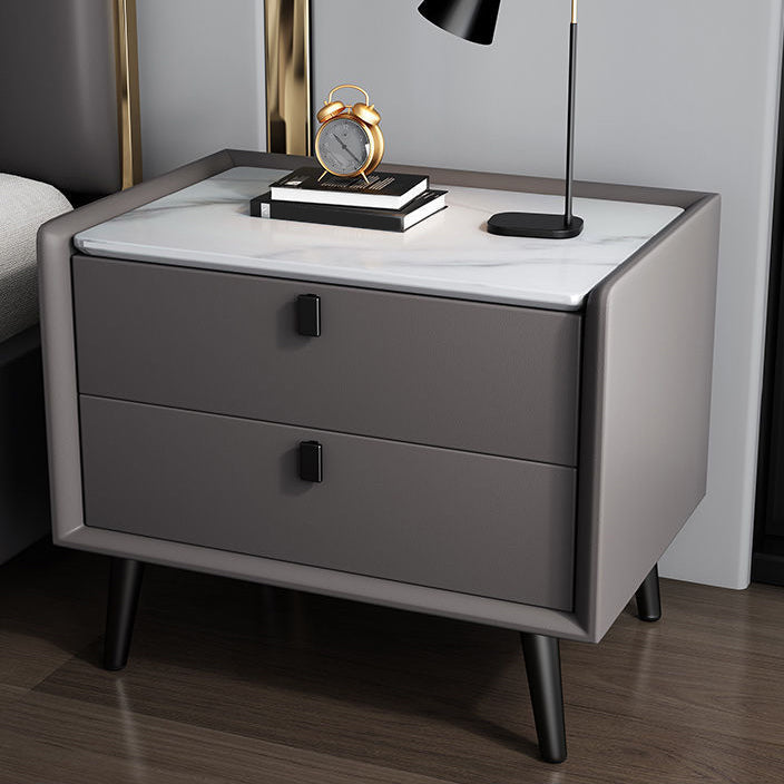 Modern Bedside Night Table Stone Top Nightstand with 2-drawers Gray-Khaki 1 Piece Clearhalo 'Bedroom Furniture' 'furn' 'furn_night_stand' 'Furniture' 'night_stand' 'Nightstands' 6318873