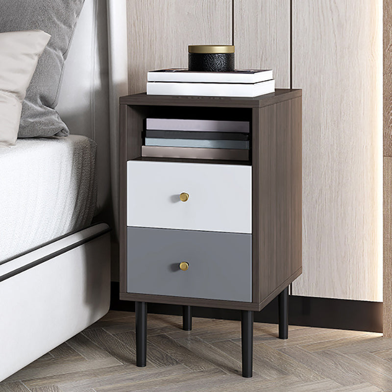 Contemporary Bed Nightstand Open Storage Night Table with 2 Drawers Nut-Brown 1 Piece Clearhalo 'Bedroom Furniture' 'furn' 'furn_night_stand' 'Furniture' 'night_stand' 'Nightstands' 6318894