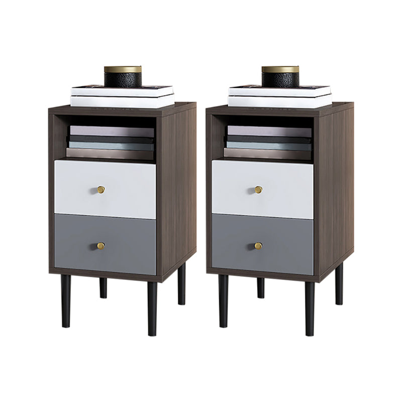 Contemporary Bed Nightstand Open Storage Night Table with 2 Drawers Nut-Brown 2 Piece Set Clearhalo 'Bedroom Furniture' 'furn' 'furn_night_stand' 'Furniture' 'night_stand' 'Nightstands' 6318895