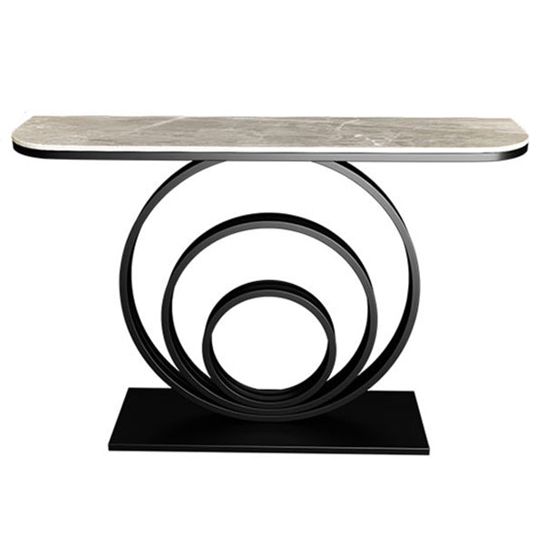 Stone Half Moon Console Table 31.5-inch Tall Accent Table with Shelf Light Gray-Black Clearhalo 'Console Tables' 'console_tables' 'Entry & Mudroom Furniture' 'furn' 'furn_console_tables' 'Furniture' 6320192