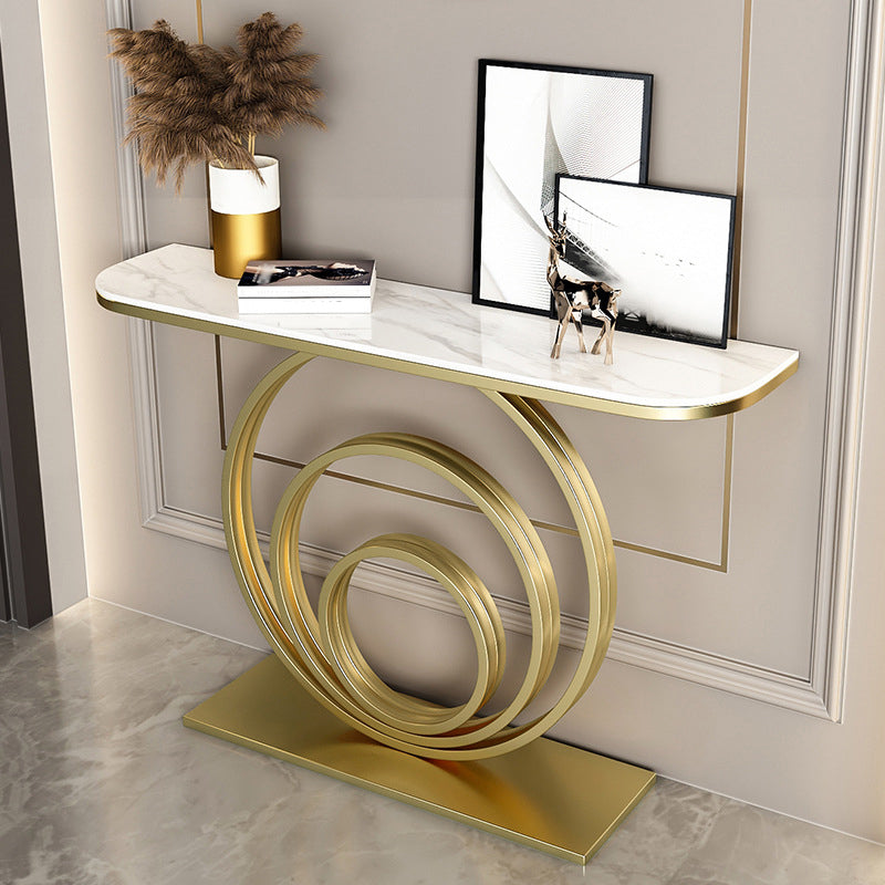 Stone Half Moon Console Table 31.5-inch Tall Accent Table with Shelf 59"L x 12"W x 31"H White-Gold Clearhalo 'Console Tables' 'console_tables' 'Entry & Mudroom Furniture' 'furn' 'furn_console_tables' 'Furniture' 6320194