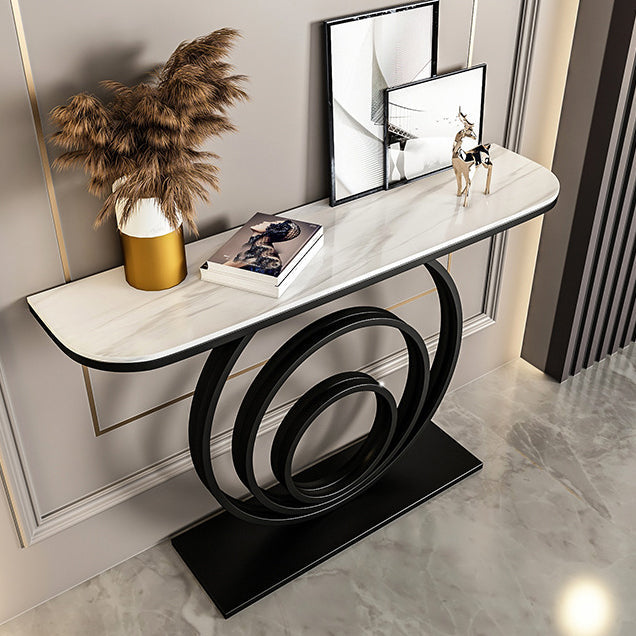 Stone Half Moon Console Table 31.5-inch Tall Accent Table with Shelf 39"L x 12"W x 31"H White-Black Clearhalo 'Console Tables' 'console_tables' 'Entry & Mudroom Furniture' 'furn' 'furn_console_tables' 'Furniture' 6320195
