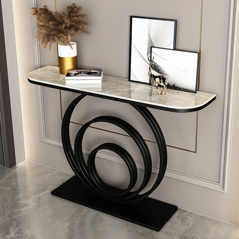 Stone Half Moon Console Table 31.5-inch Tall Accent Table with Shelf 59"L x 12"W x 31"H Light Gray-Black Clearhalo 'Console Tables' 'console_tables' 'Entry & Mudroom Furniture' 'furn' 'furn_console_tables' 'Furniture' 6320197
