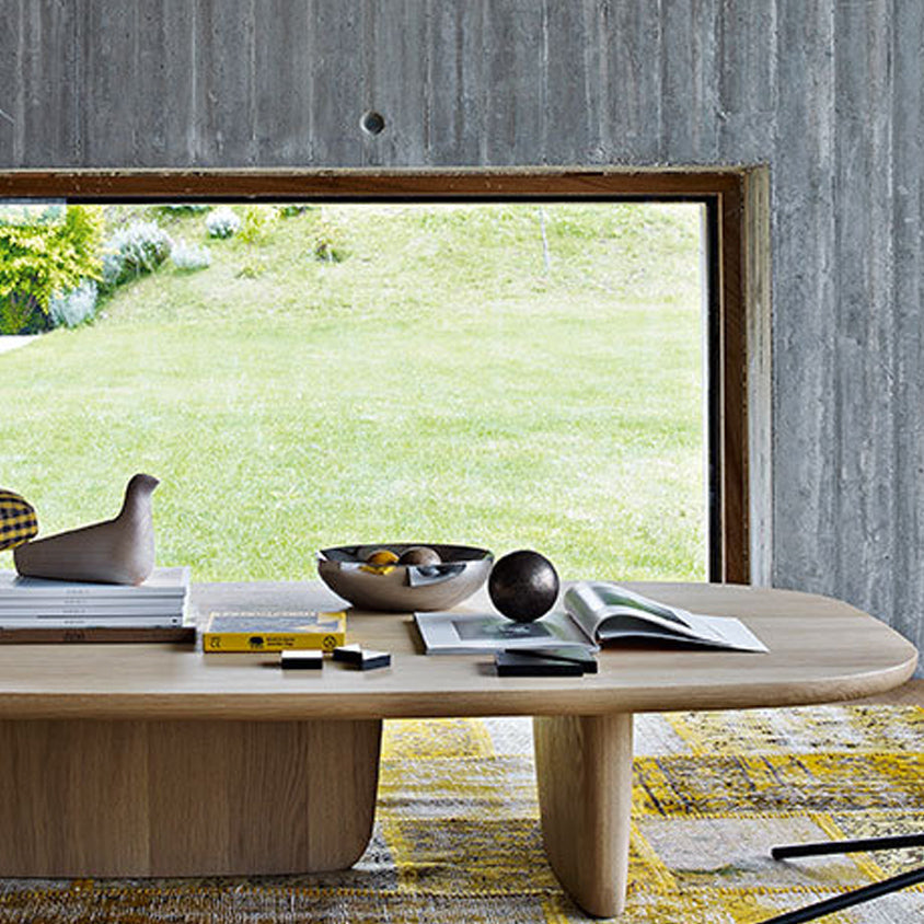 スカンジナビア無垢材コーヒーテーブル 高さ12.4インチ 長方形カクテルテーブル 2本脚付き