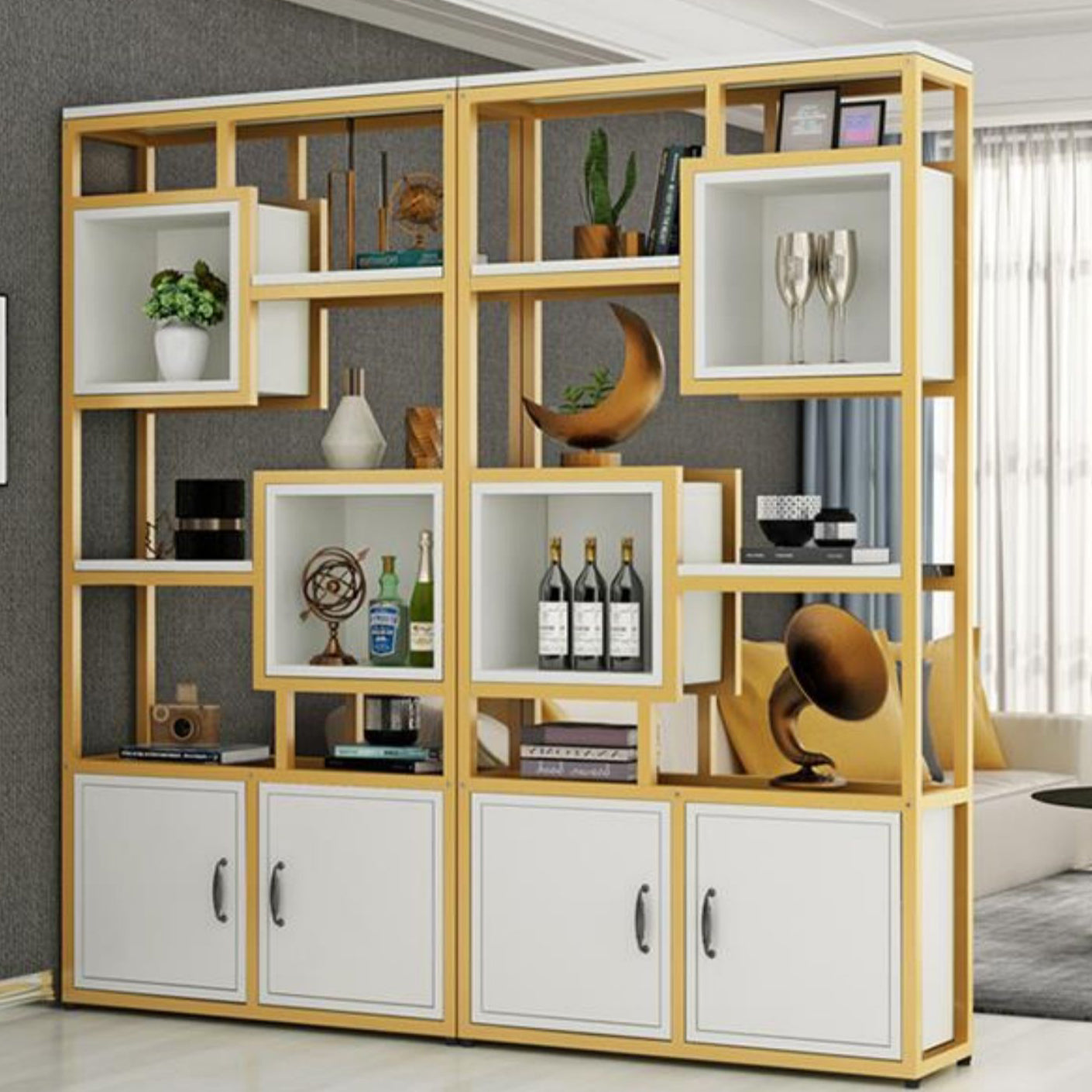 Metal and Wooden Book Shelf Etagere Open Study Room Shelf Bookcase with Doors