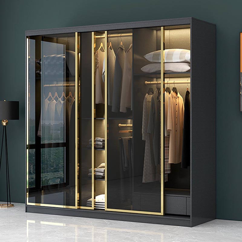Armoire de porte coulissante moderne pour armoire noire de chambre à coucher avec portes en verre