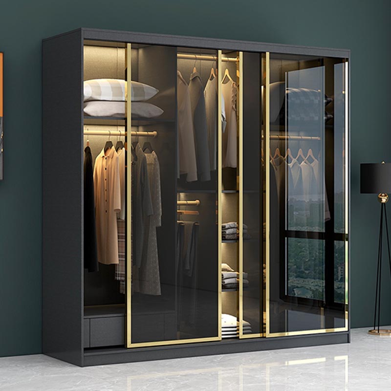Armoire de porte coulissante moderne pour armoire noire de chambre à coucher avec portes en verre