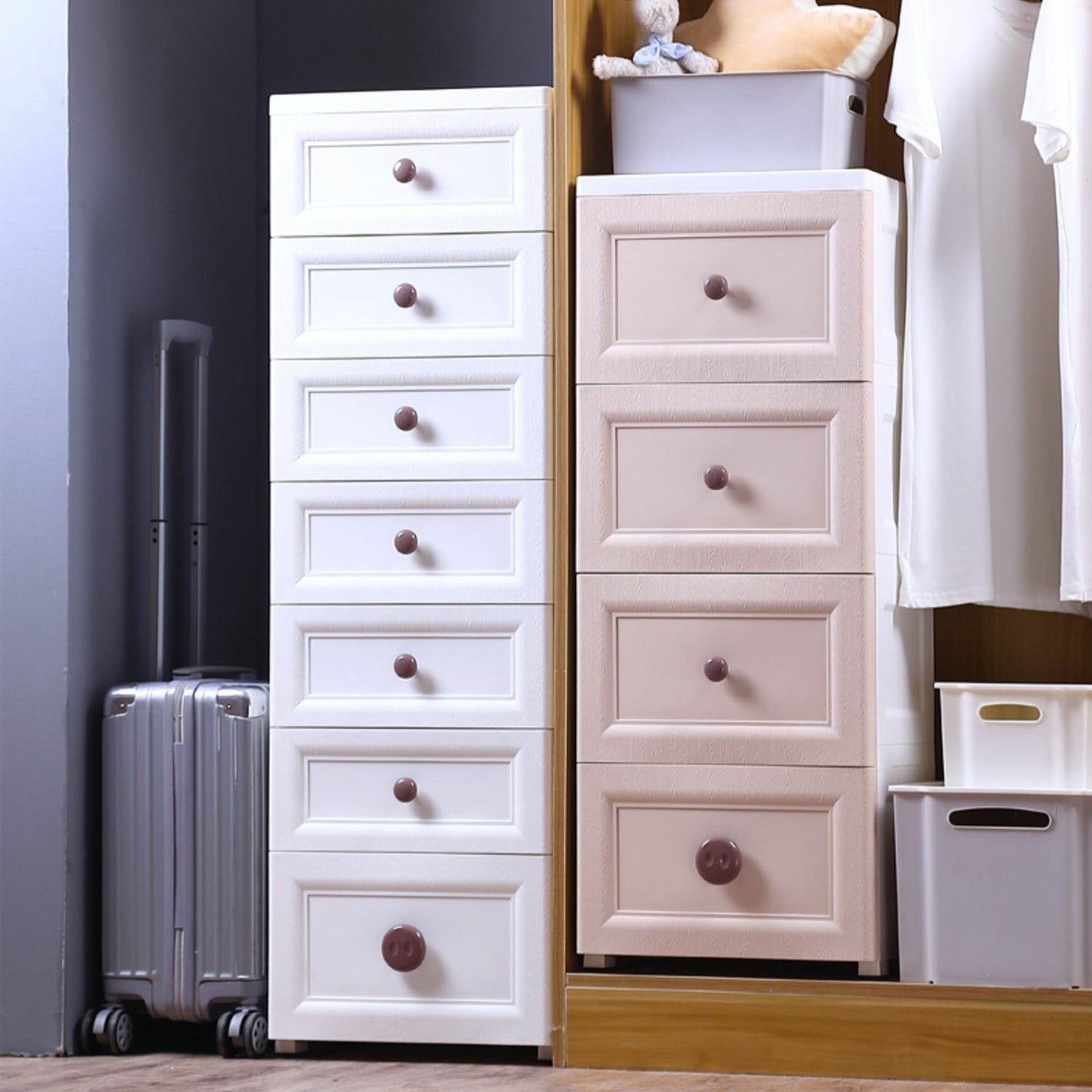 Plastic 5-drawer Storage Cabinet Modern Wardrobe Armoire with Legs Clearhalo 'Armoires & Wardrobes' 'armoires_wardrobes' 'Bedroom Furniture' 'furn' 'furn_armoires_wardrobes' 'Furniture' 6322043