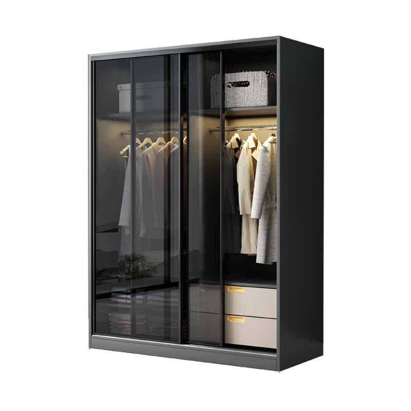 Black Wardrobe for Home Modern Style Cabinet with Glass Doors 55"L x 24"W x 79"H Armoires & Wardrobes Clearhalo 'Armoires & Wardrobes' 'armoires_wardrobes' 'Bedroom Furniture' 'furn' 'furn_armoires_wardrobes' 'Furniture' 6322411