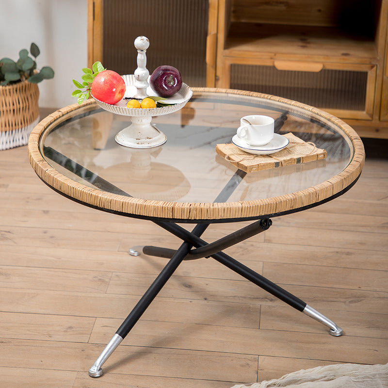 Cross Legs Round Glass Coffee Cocktail Table with Rattan Accent Clearhalo 'Coffee & Accent Tables' 'Coffee Tables' 'coffee_tables' 'furn' 'furn_coffee_tables' 'Furniture' 'Living Room Furniture' 6322539