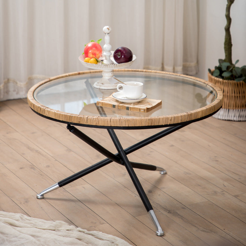 Cross Legs Round Glass Coffee Cocktail Table with Rattan Accent Clearhalo 'Coffee & Accent Tables' 'Coffee Tables' 'coffee_tables' 'furn' 'furn_coffee_tables' 'Furniture' 'Living Room Furniture' 6322541
