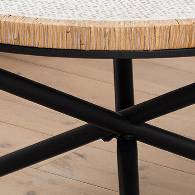 Cross Legs Round Glass Coffee Cocktail Table with Rattan Accent Clearhalo 'Coffee & Accent Tables' 'Coffee Tables' 'coffee_tables' 'furn' 'furn_coffee_tables' 'Furniture' 'Living Room Furniture' 6322545