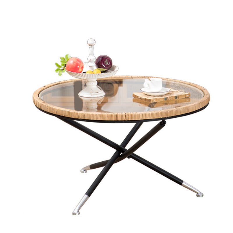 Cross Legs Round Glass Coffee Cocktail Table with Rattan Accent Clearhalo 'Coffee & Accent Tables' 'Coffee Tables' 'coffee_tables' 'furn' 'furn_coffee_tables' 'Furniture' 'Living Room Furniture' 6322547