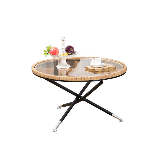 Cross Legs Round Glass Coffee Cocktail Table with Rattan Accent Clearhalo 'Coffee & Accent Tables' 'Coffee Tables' 'coffee_tables' 'furn' 'furn_coffee_tables' 'Furniture' 'Living Room Furniture' 6322548