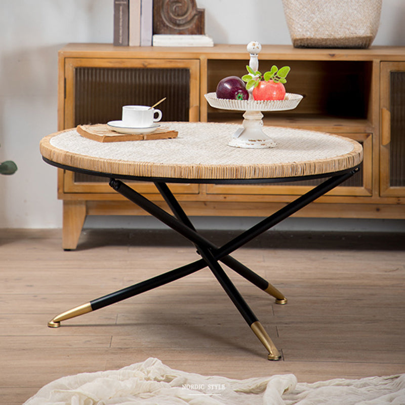 Cross Legs Round Glass Coffee Cocktail Table with Rattan Accent Clearhalo 'Coffee & Accent Tables' 'Coffee Tables' 'coffee_tables' 'furn' 'furn_coffee_tables' 'Furniture' 'Living Room Furniture' 6322550