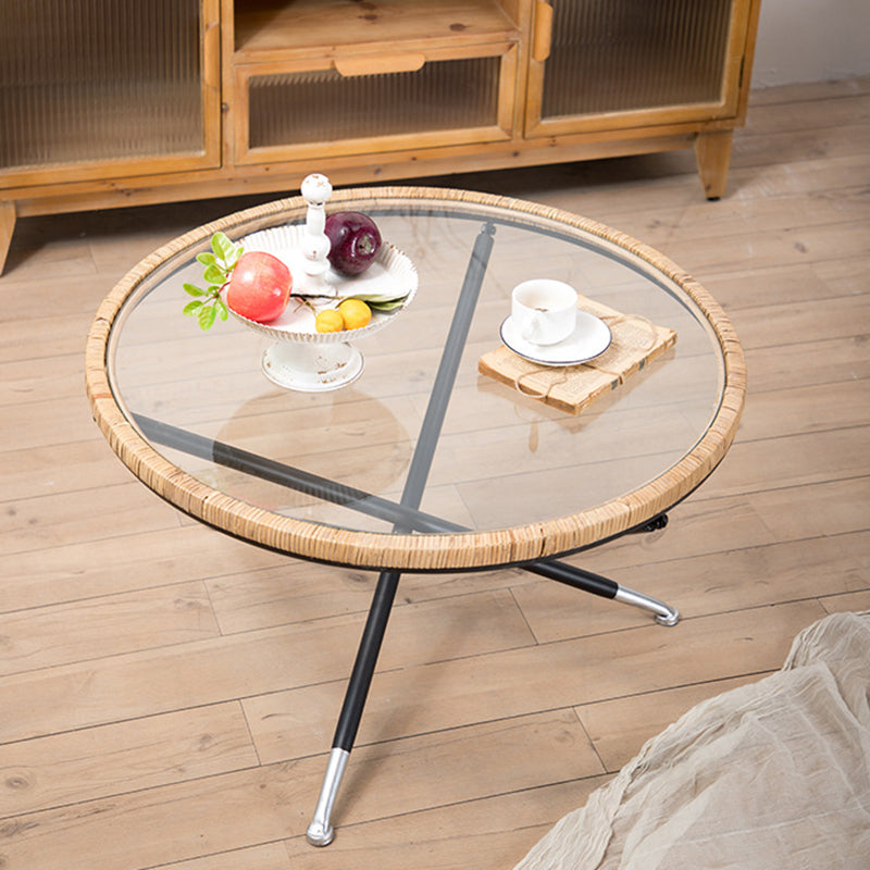 Cross Legs Round Glass Coffee Cocktail Table with Rattan Accent Glass Clearhalo 'Coffee & Accent Tables' 'Coffee Tables' 'coffee_tables' 'furn' 'furn_coffee_tables' 'Furniture' 'Living Room Furniture' 6322551