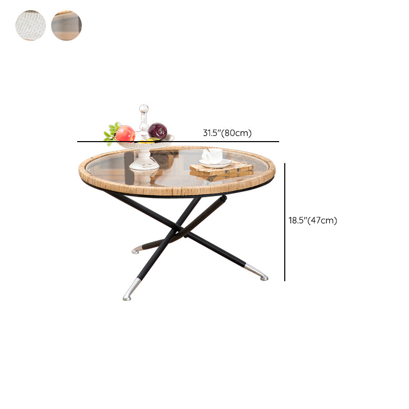 Cross Legs Round Glass Coffee Cocktail Table with Rattan Accent Clearhalo 'Coffee & Accent Tables' 'Coffee Tables' 'coffee_tables' 'furn' 'furn_coffee_tables' 'Furniture' 'Living Room Furniture' 6322554