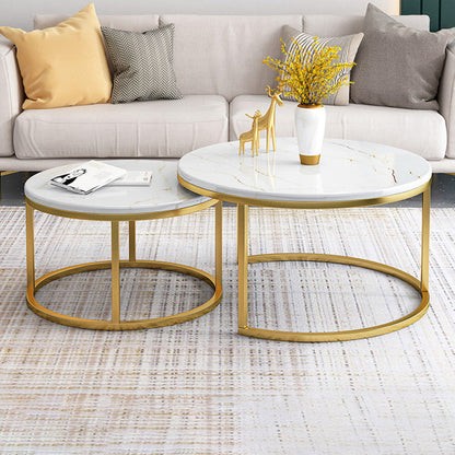 Ensemble de table basse gigogne avec plateau en marbre Glam, plateau rond et base en fer