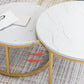 Ensemble de table basse gigogne avec plateau en marbre Glam, plateau rond et base en fer