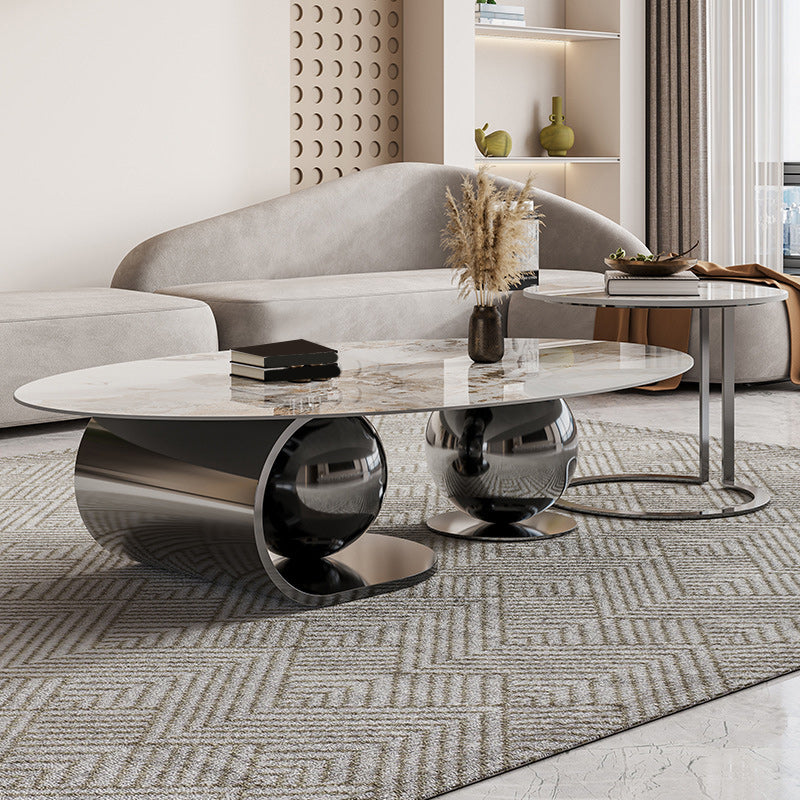 Slate Oval Coffee Table Golden Metal Frame Abstract Cocktail Table, 14.17" High Clearhalo 'Coffee & Accent Tables' 'Coffee Tables' 'coffee_tables' 'furn' 'furn_coffee_tables' 'Furniture' 'Living Room Furniture' 6322753