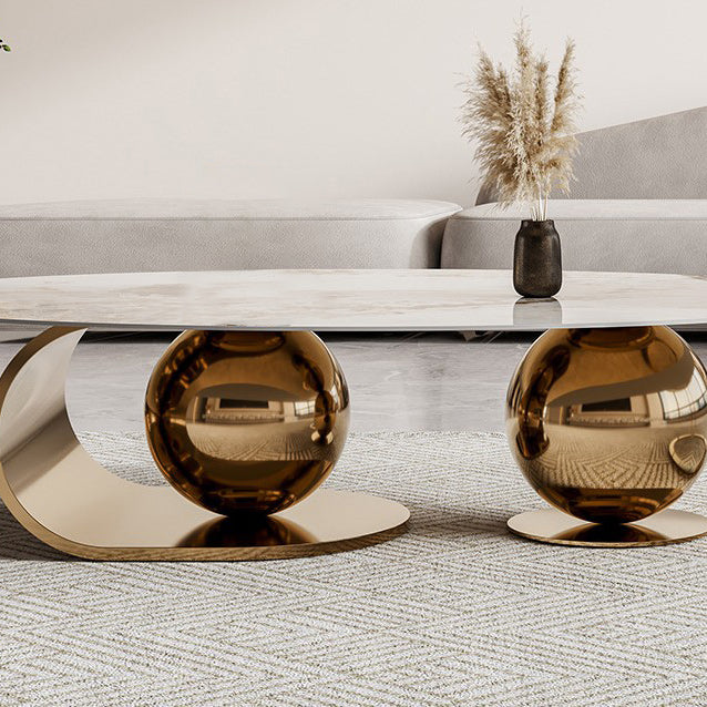 Slate Oval Coffee Table Golden Metal Frame Abstract Cocktail Table, 14.17" High Clearhalo 'Coffee & Accent Tables' 'Coffee Tables' 'coffee_tables' 'furn' 'furn_coffee_tables' 'Furniture' 'Living Room Furniture' 6322759