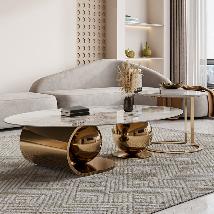 Slate Oval Coffee Table Golden Metal Frame Abstract Cocktail Table, 14.17" High Clearhalo 'Coffee & Accent Tables' 'Coffee Tables' 'coffee_tables' 'furn' 'furn_coffee_tables' 'Furniture' 'Living Room Furniture' 6322762