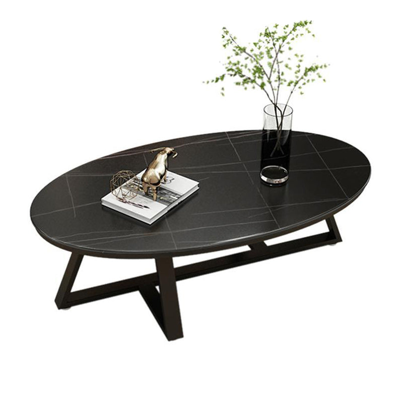 17.7" Tall Iron Cross Legs Cocktail Table Oval Slate Top Coffee Table Clearhalo 'Coffee & Accent Tables' 'Coffee Tables' 'coffee_tables' 'furn' 'furn_coffee_tables' 'Furniture' 'Living Room Furniture' 6322769