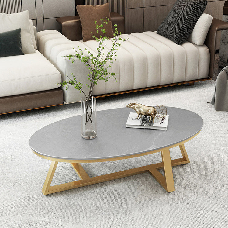 17.7" Tall Iron Cross Legs Cocktail Table Oval Slate Top Coffee Table Gold Gray Clearhalo 'Coffee & Accent Tables' 'Coffee Tables' 'coffee_tables' 'furn' 'furn_coffee_tables' 'Furniture' 'Living Room Furniture' 6322773