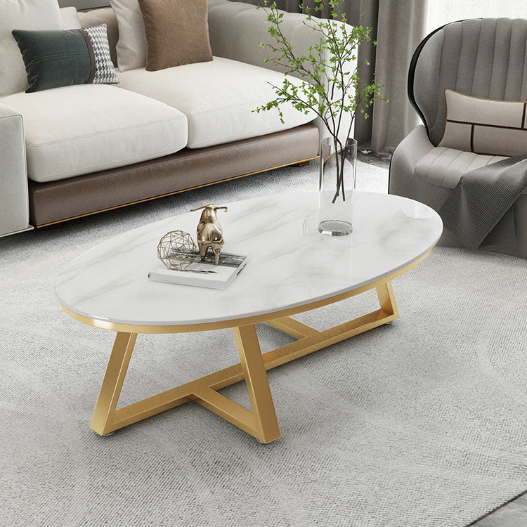17.7" Tall Iron Cross Legs Cocktail Table Oval Slate Top Coffee Table Gold White Clearhalo 'Coffee & Accent Tables' 'Coffee Tables' 'coffee_tables' 'furn' 'furn_coffee_tables' 'Furniture' 'Living Room Furniture' 6322774