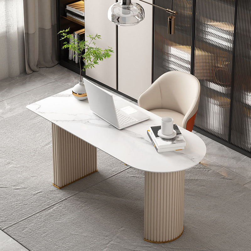 Glam Beige Office Desk 23.6" Wide Stone and Metal Writing Desk 47.2"L x 23.6"W x 29.5"H Clearhalo 'furn' 'furn_office_desk' 'Furniture' 'Office Desks' 'Office Furniture' 'office_desk' 6326246