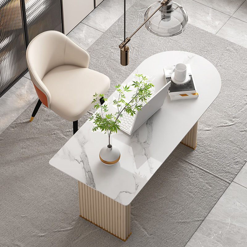 Glam Beige Office Desk 23.6" Wide Stone and Metal Writing Desk 63"L x 23.6"W x 29.5"H Clearhalo 'furn' 'furn_office_desk' 'Furniture' 'Office Desks' 'Office Furniture' 'office_desk' 6326248
