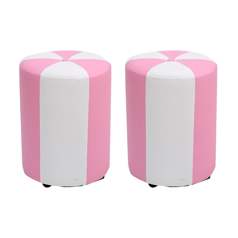 Modern Ottoman Faux Leather Upholstered Stripe Printed Cylinder Shape Ottoman 12.2"L x 12.2"W x 15.7"H Pink 2 Piece Set Clearhalo 'furn' 'furn_ottomans_poufs' 'Furniture' 'Living Room Furniture' 'Ottomans & Poufs' 'ottomans_poufs' 6327136