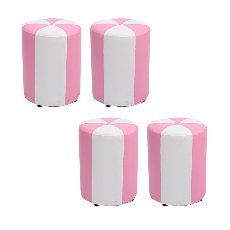 Modern Ottoman Faux Leather Upholstered Stripe Printed Cylinder Shape Ottoman 12.2"L x 12.2"W x 15.7"H Pink 4 Piece Set Clearhalo 'furn' 'furn_ottomans_poufs' 'Furniture' 'Living Room Furniture' 'Ottomans & Poufs' 'ottomans_poufs' 6327137