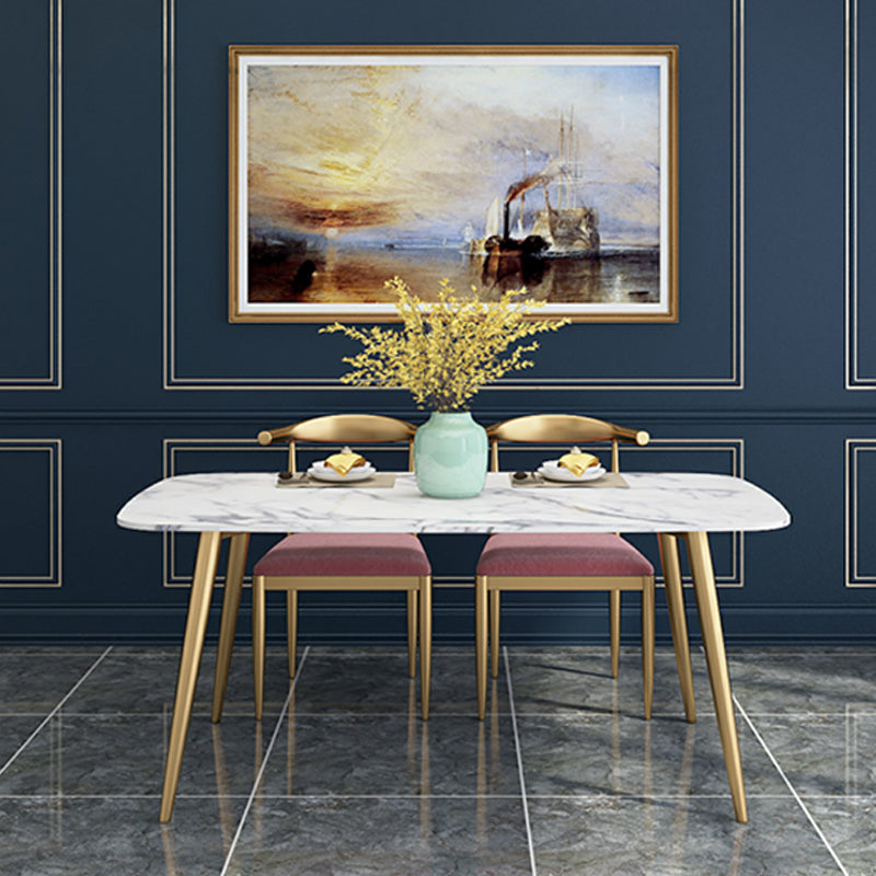 Glam 4 Legs Dining Table Stone Top Table with Metal Base for Dining Room Gloss White 63"L x 31.5"W x 29.5"H Without Chairs Clearhalo 'Dining Tables & Seating' 'Dining Tables' 'dining_table' 'furn' 'furn_dining_table' 'Furniture' 'Kitchen & Dining Furniture' 6328901