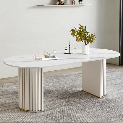 White Double Base Dining Table Modern Stone Table for Kitchen 47.2"L x 31.5"W x 29.5"H Without Chairs Clearhalo 'Dining Tables & Seating' 'Dining Tables' 'dining_table' 'furn' 'furn_dining_table' 'Furniture' 'Kitchen & Dining Furniture' 6328974