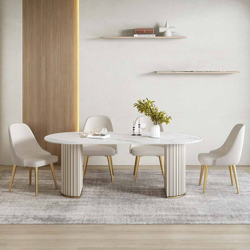 White Double Base Dining Table Modern Stone Table for Kitchen 55.1"L x 31.5"W x 29.5"H Without Chairs Clearhalo 'Dining Tables & Seating' 'Dining Tables' 'dining_table' 'furn' 'furn_dining_table' 'Furniture' 'Kitchen & Dining Furniture' 6328976
