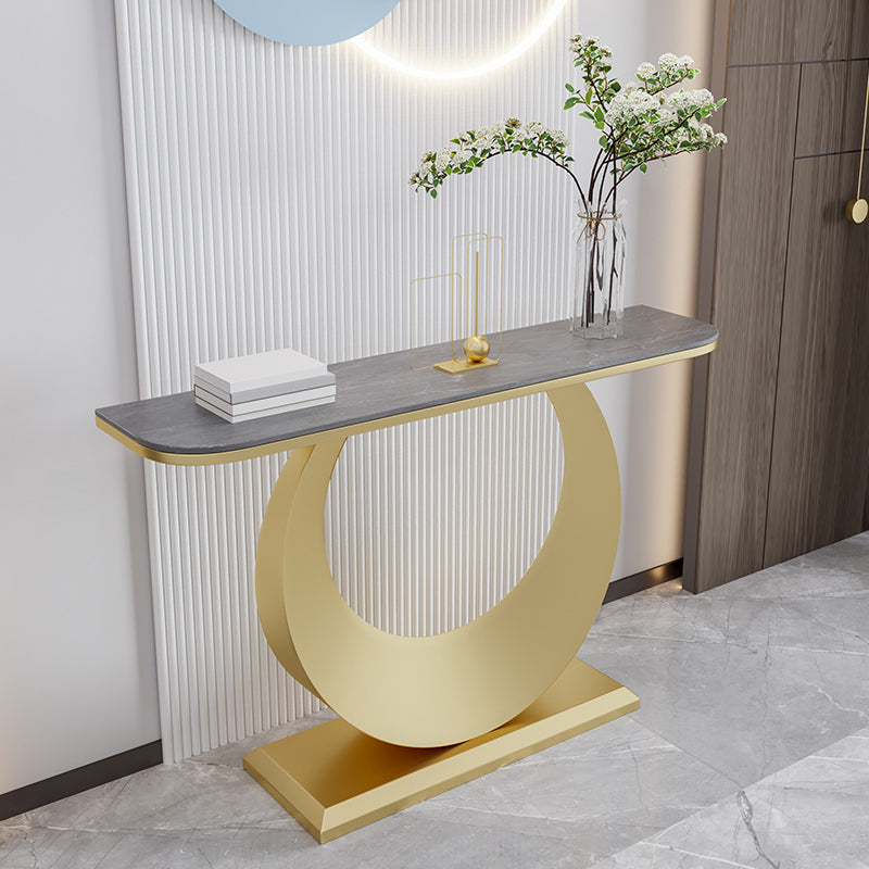 Stone Half Moon Console Table 31.5-inch Tall Accent Table with 1 Shelf Gray-Gold Clearhalo 'Console Tables' 'console_tables' 'Entry & Mudroom Furniture' 'furn' 'furn_console_tables' 'Furniture' 6334426