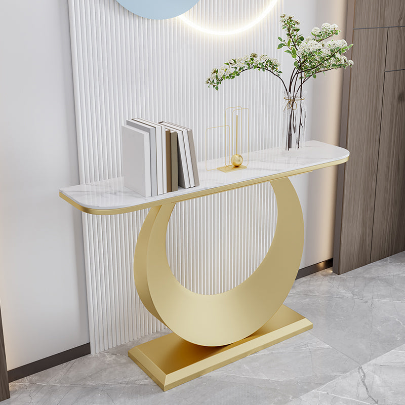 Stone Half Moon Console Table 31.5-inch Tall Accent Table with 1 Shelf White-Gold Clearhalo 'Console Tables' 'console_tables' 'Entry & Mudroom Furniture' 'furn' 'furn_console_tables' 'Furniture' 6334433