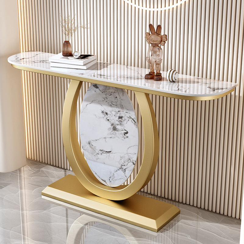 Stone Half Moon Accent Table 1-shelf 31.5" Tall Console Table for Hall Gold-White Clearhalo 'Console Tables' 'console_tables' 'Entry & Mudroom Furniture' 'furn' 'furn_console_tables' 'Furniture' 6334441