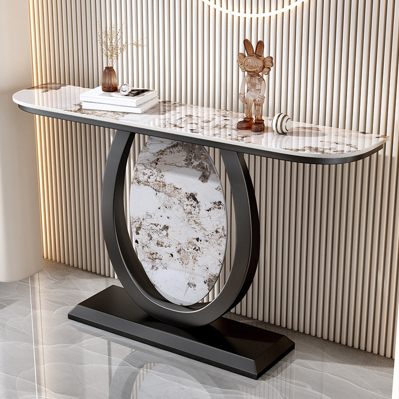 Stone Half Moon Accent Table 1-shelf 31.5" Tall Console Table for Hall Black-White Clearhalo 'Console Tables' 'console_tables' 'Entry & Mudroom Furniture' 'furn' 'furn_console_tables' 'Furniture' 6334450