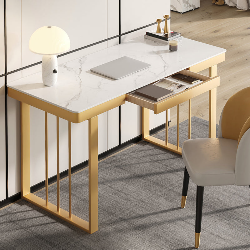 Glam 29.5"H Office Desk Sled Rectangular Writing Desk for Dormitory 39.4"L x 23.6"W x 29.5"H White Drawers Clearhalo 'furn' 'furn_office_desk' 'Furniture' 'Office Desks' 'Office Furniture' 'office_desk' 6334648