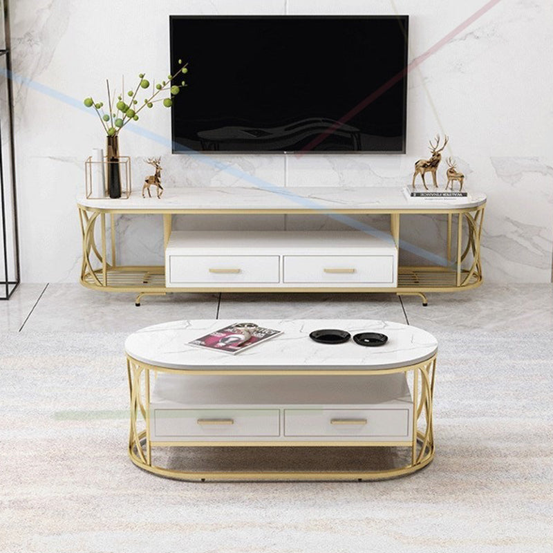 Glam Stone Meuble TV avec étagères ouvertes et console avec tiroirs