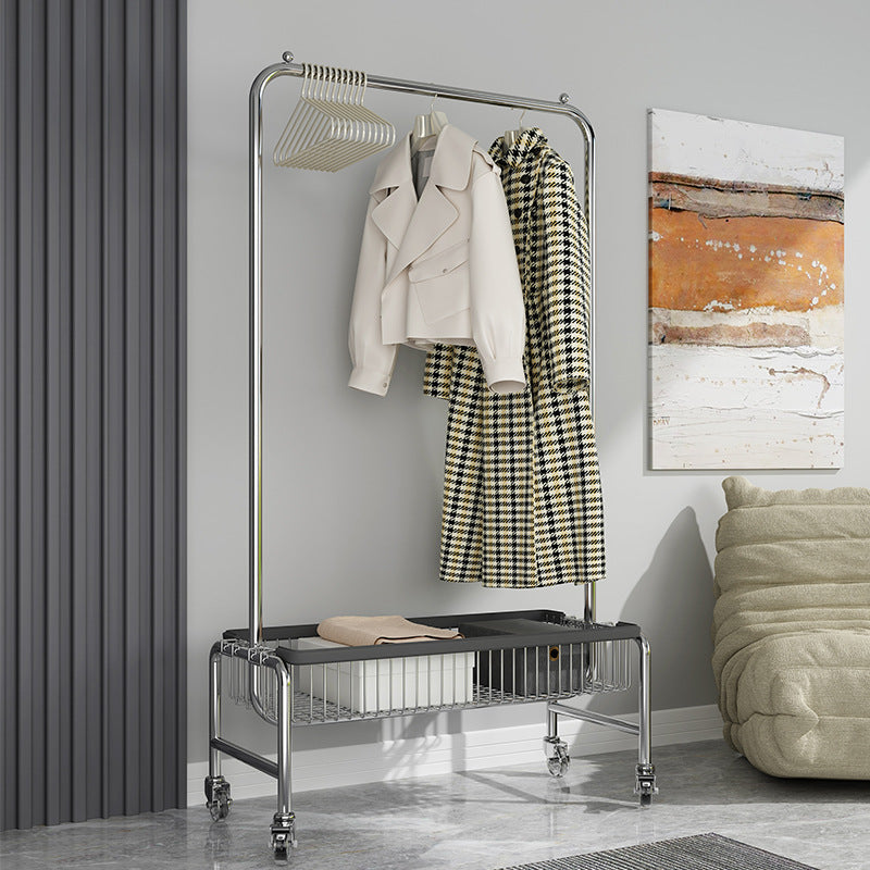 Industrial Metal Coat Rack Hanging Rail and Storage Basket Entryway Kit with Castors