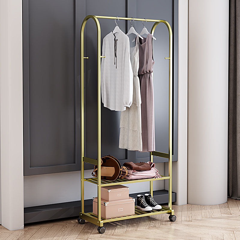 Contemporary Free Standing Coat Rack Storage Shelves Metal Coat Rack with Castors 31"L x 16"W x 67"H Gold Clearhalo 'Entry & Mudroom Furniture' 'furn' 'furn_hall_tree_coat_racks' 'Furniture' 'Hall Trees & Coat Racks' 'hall_tree_coat_racks' 6344099