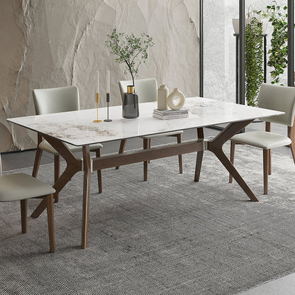 Moderner Tisch mit gesinterter Steinplatte, rechteckiger Tisch mit Holzsockel