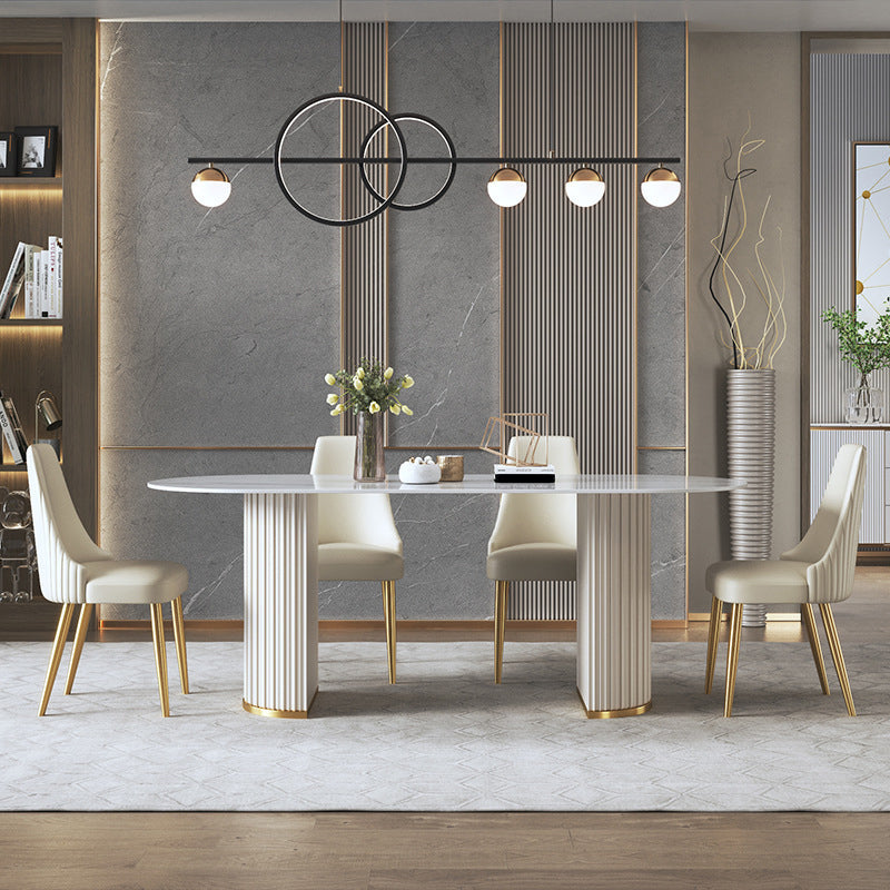 Contemporary Sintered Stone Dining Table Oval Double Pedestal Table for Home Use 55.1"L x 31.5"W x 29.5"H Without Chairs Clearhalo 'Dining Tables & Seating' 'Dining Tables' 'dining_table' 'furn' 'furn_dining_table' 'Furniture' 'Kitchen & Dining Furniture' 6347311